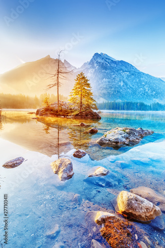 Germany, lake Hitnersee. Charming view of sunrise mountain lake Hintersee in Germany. Vertical orientation photo landscape. photo