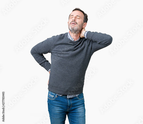 Handsome middle age senior man wearing a sweater over isolated background Suffering of neck ache injury, touching neck with hand, muscular pain