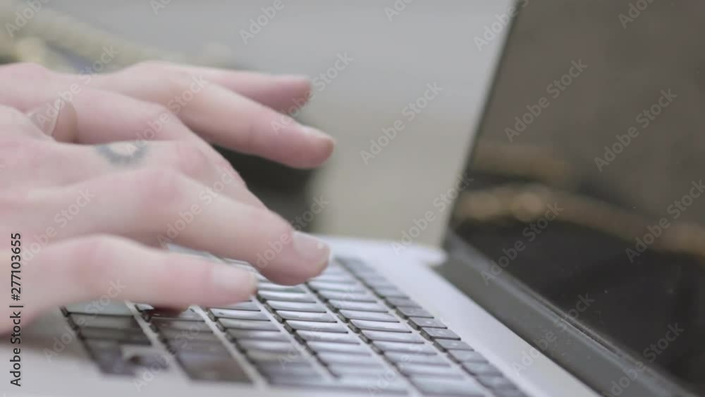Woman typing keyboarding outdoor. Close up of woman hands writing on computer. Notebook female keyboarding using texting pointing networking grey device working message student businesswoman. 4K UHD. Woman typing keyboarding outdoor. Close up of woman hands writing on computer. Notebook female keyboarding using texting pointing networking grey device working message student businesswoman. 4K UHD.