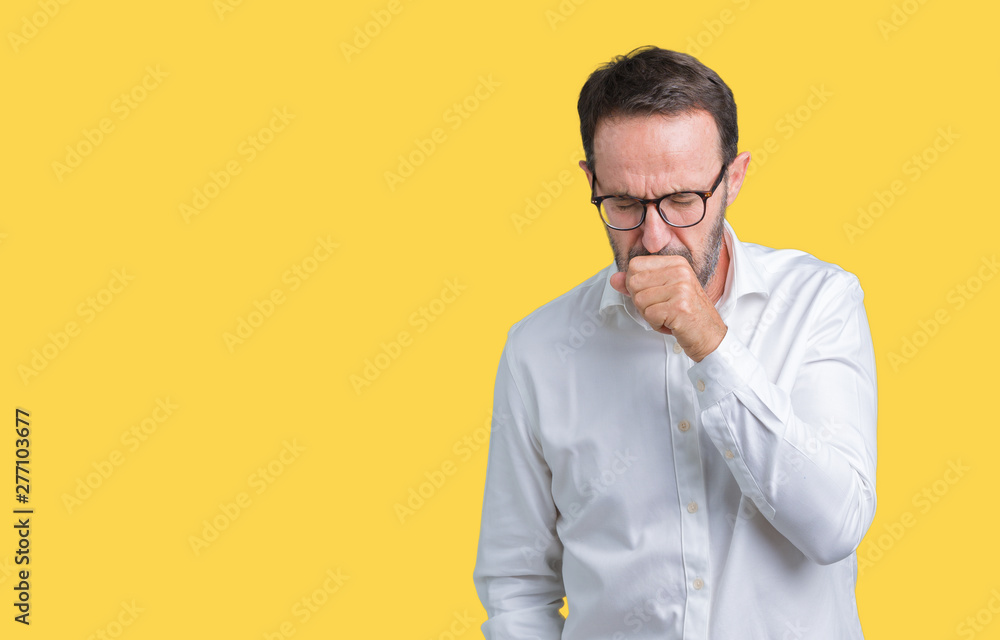 Handsome middle age elegant senior business man wearing glasses over isolated background feeling unwell and coughing as symptom for cold or bronchitis. Healthcare concept. Handsome middle age elegant senior business man wearing glasses over isolated background feeling unwell and coughing as symptom for cold or bronchitis. Healthcare concept.