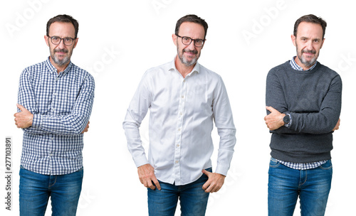 Collage of handsome senior business man over white isolated background Relaxed with serious expression on face. Simple and natural looking at the camera. © Krakenimages.com