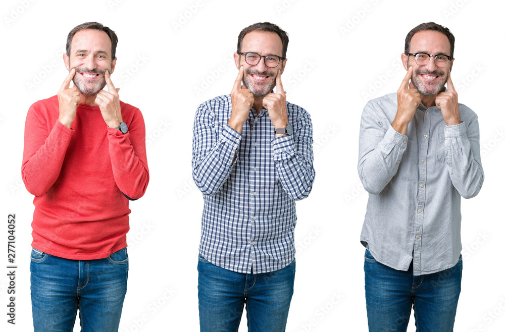 Collage of handsome senior man over white isolated background Smiling with open mouth, fingers pointing and forcing cheerful smile Collage of handsome senior man over white isolated background Smiling with open mouth, fingers pointing and forcing cheerful smile
