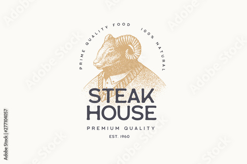 Vector image of a man-ram in a sweater in the technique of engraving and the inscription: "Steak House" on a light background. Template for logo, emblem in retro style. Premium quality meat products.