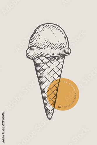 Graphically hand-drawn ice cream in a waffle cone. Engraving with a cold delicacy for the menu of restaurants, for packaging in markets and in shops. Vector vintage illustration.