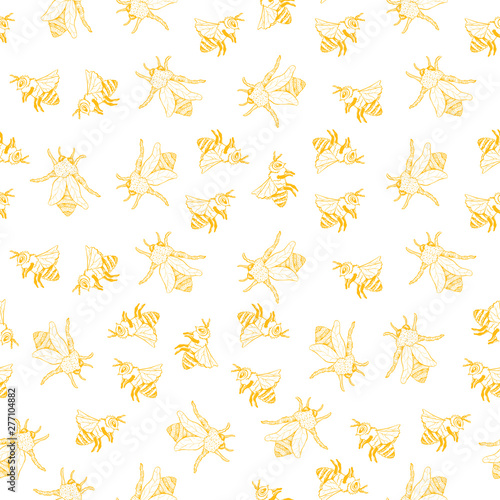 Honey Bee Seamless Pattern, Sketch Vector Illustration With Bumble Bee Hives In Vintage Style, Yellow Hand Drawn Honeycomb On White Background