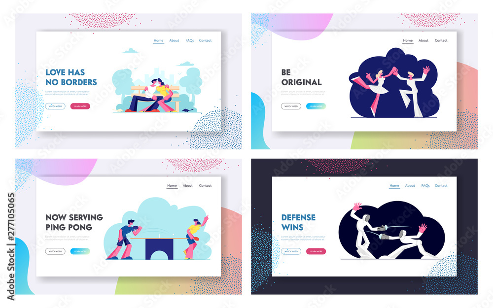 Happy Couples Sports, Dating Activity Website Landing Page Set, Male and Female Characters Fencing, Playing Ping Pong, Dancing in Ballet Studio Web Page. Cartoon Flat Vector Illustration, Banner