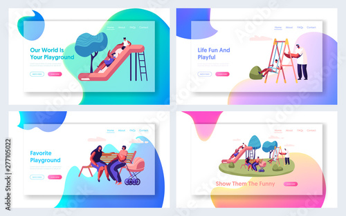 Happy Parents and Children Spend Time on Playground Outdoors Website Landing Page Set, Childhood, Parenting, Summer Vacation Activity, Happy Family Web Page. Cartoon Flat Vector Illustration, Banner