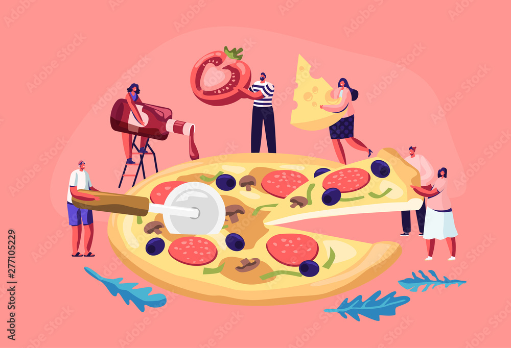 Tiny People Eating Huge Pizza. Male and Female Characters Cut with Knife, Put Ketchup and Cheese, Take Piece of Tasty Italian Food. Fast Food, Cafe, Bistro Visitors. Cartoon Flat Vector Illustration