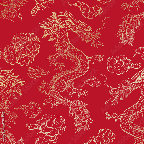 Oriental dragon flying in clouds seamless pattern. Traditional Chinese mythological animal hand drawn illustration. Golden festival serpent on red background. Wrapping paper, wallpaper, textile design