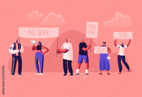 Protesting People with Placards and Signboard on Strike or Demonstration, Male, Female Activist Characters with Banners and Signs Against War, Protest, Riot, Picket