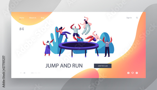 People Jump on Trampoline Website Landing Page, Outdoors, Fitness Center, Summer Time Attraction, Leisure, Sports Acrobatics Training, Entertainment Web Page. Cartoon Flat Vector Illustration, Banner