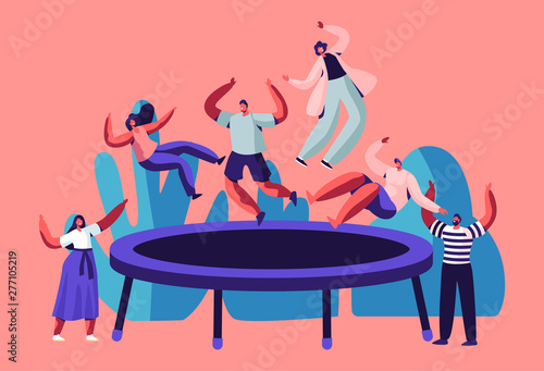 Happy Teens Jumping on Trampoline, Friends Cheering. Young People Having Fun Jump and Bouncing, Spare Time, Activity, Amusement Park, Corporate Party Entertainment. Cartoon Flat Vector Illustration