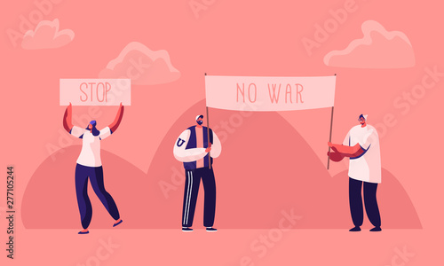 Protesting People with Placards and Signboard on Strike or Demonstration, Male, Female Activist Characters with Banners and Signs Against War, Protest, Riot, Picket. Cartoon Flat Vector Illustration