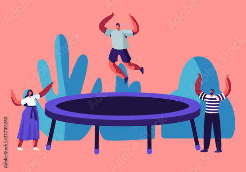Happy Man Jumping on Trampoline, Friends Cheering