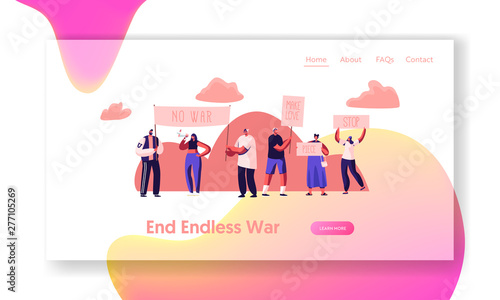 Protesting People against War for Love Website Landing Page, Characters with Placards and Signboard on Strike or Demonstration, Protest, Riot, Picket Web Page. Cartoon Flat Vector Illustration, Banner