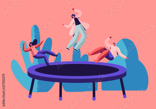 Group of Active Friends Jump and Bouncing on Trampoline Outdoors, Youth Fitness Center, Summer Time Attraction, Fun, Leisure, Sports Acrobatics Training, Entertainment Cartoon Flat Vector Illustration