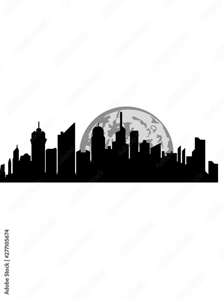 stadt city großstadt metropole silhouette hauptstadt gebäude hochhäuse wolkenkratzer untergang mond nacht leuchten himmel scheinen clipart design