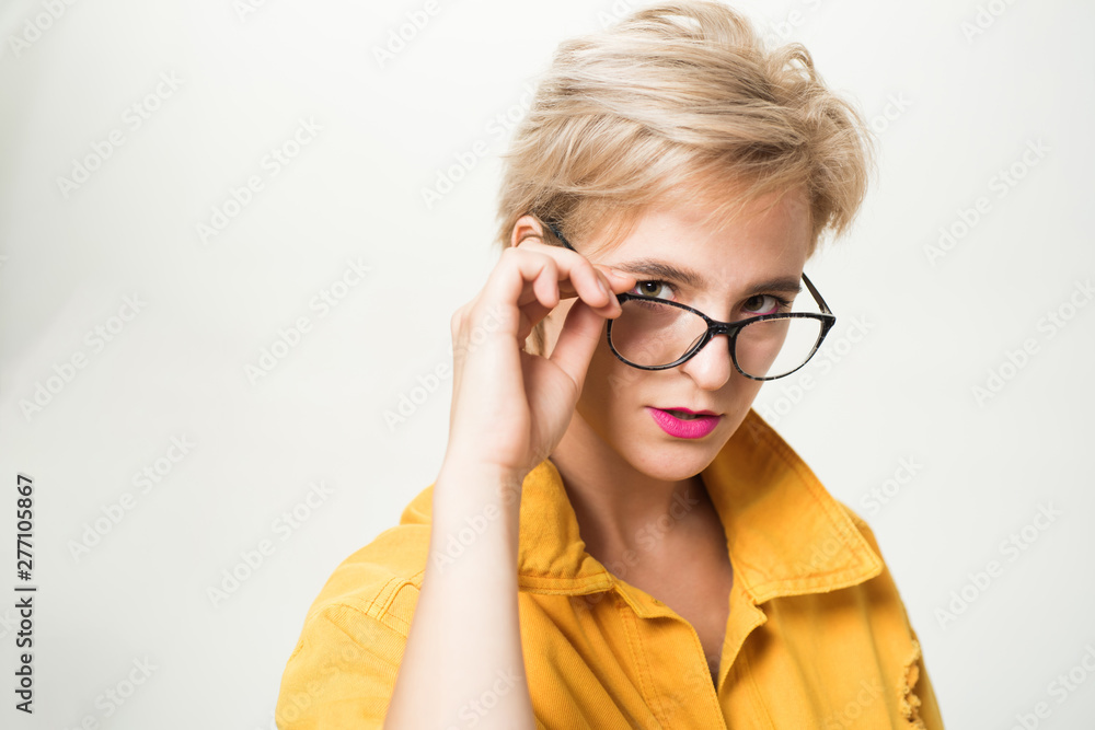 Woman adorable blonde wear eyeglasses close up. Eyewear fashion. Add smart accessory. Stylish girl with eyeglasses. Eyesight and eye health. Good vision. High quality lens. Fashionable eyeglasses