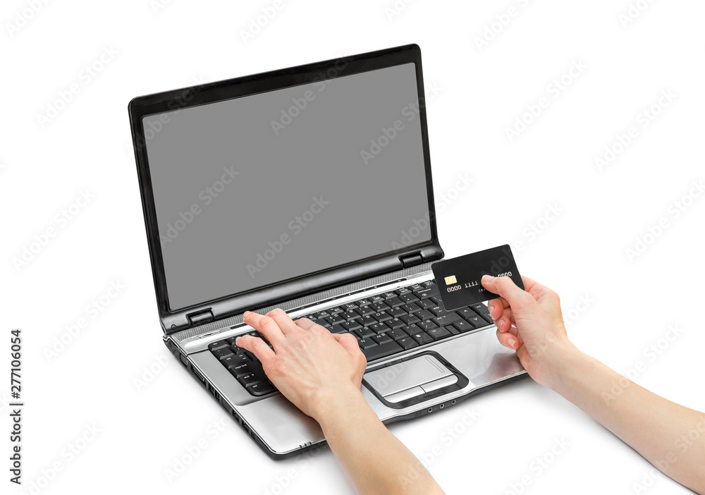 Woman make shopping online on laptop. Isolated on white. Woman make shopping online on laptop. Isolated on white.