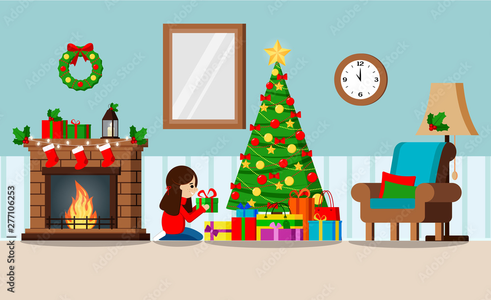 Greeting card with decorated christmas tree and gifts under the tree, fireplace, furniture.