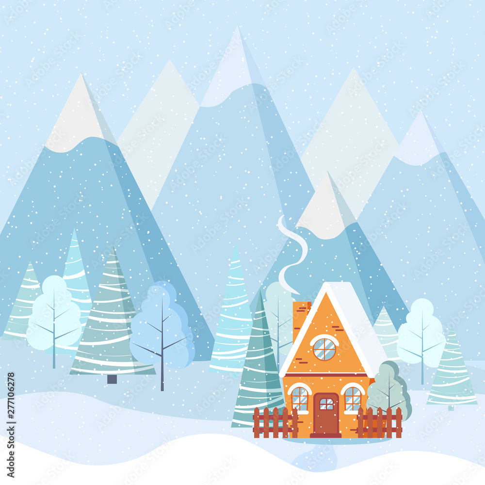 Winter landscape with country house, winter trees, spruces, mountains, snow in cartoon flat style.