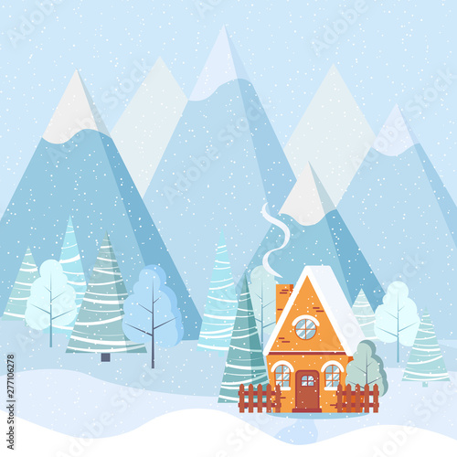 Winter landscape with country house, winter trees, spruces, mountains, snow in cartoon flat style. © Irina