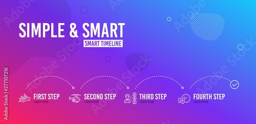 Infographic timeline. Medical helicopter, Growth chart and Opinion icons simple set. 24h service sign. Sky transport, Sale diagram, Choose answer. Call support. Business set. 4 steps layout. Vector