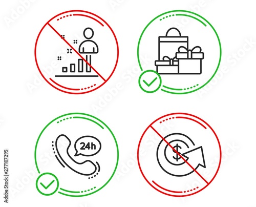 Do or Stop. 24h service, Stats and Shopping icons simple set. Dollar exchange sign. Call support, Business analysis, Holiday packages. Money refund. Business set. Line 24h service do icon. Vector