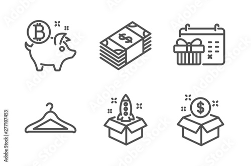 Bitcoin coin, Cloakroom and Startup icons simple set. Christmas calendar, Usd currency and Post package signs. Piggy bank, Hanger wardrobe. Business set. Line bitcoin coin icon. Editable stroke