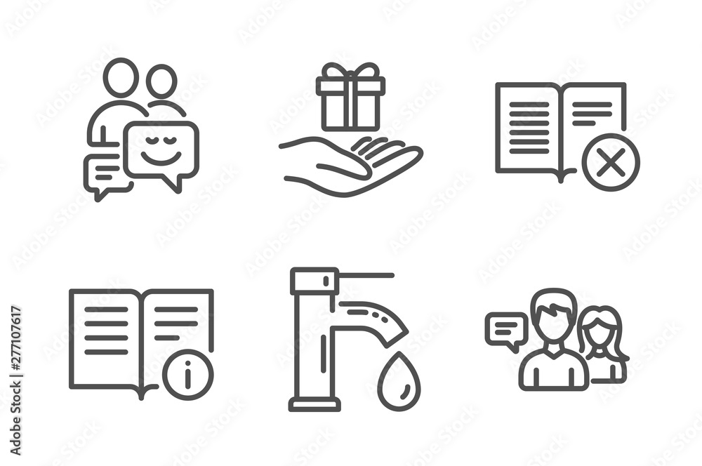 Tap water, Loyalty program and Communication icons simple set. Technical info, Reject book and People talking signs. Faucet, Gift. Business set. Line tap water icon. Editable stroke. Vector Tap water, Loyalty program and Communication icons simple set. Technical info, Reject book and People talking signs. Faucet, Gift. Business set. Line tap water icon. Editable stroke. Vector