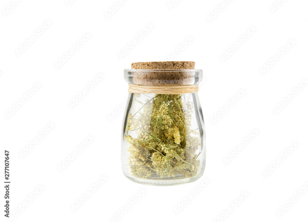 Dried herbal medicine Filipendula ulmaria, meadowsweet or mead wort, queen of the meadow, pride of the meadow, meadow-wort, meadow queen, lady of the meadow, dollof, meadsweet in jar isolated on white Dried herbal medicine Filipendula ulmaria, meadowsweet or mead wort, queen of the meadow, pride of the meadow, meadow-wort, meadow queen, lady of the meadow, dollof, meadsweet in jar isolated on white