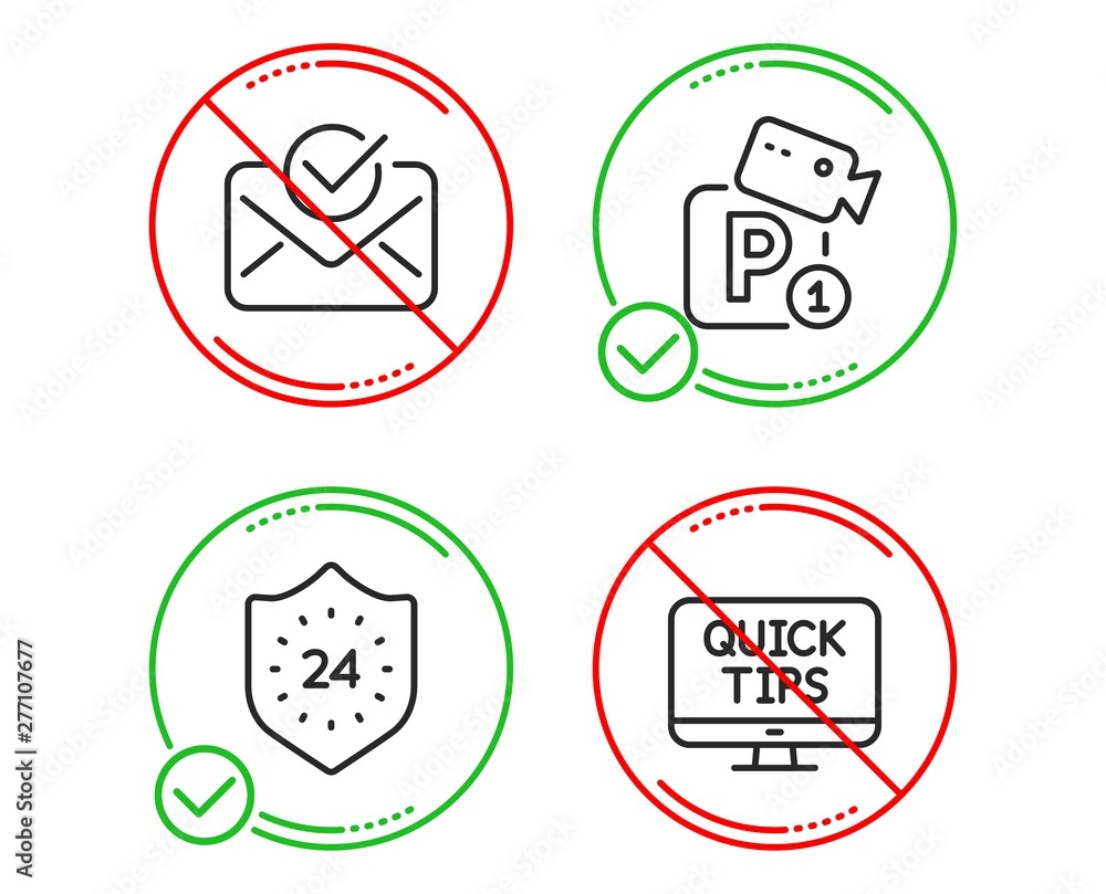Do or Stop. Approved mail, Parking security and 24 hours icons simple set. Web tutorials sign. Confirmed document, Video camera, Protection. Quick tips. Business set. Line approved mail do icon Do or Stop. Approved mail, Parking security and 24 hours icons simple set. Web tutorials sign. Confirmed document, Video camera, Protection. Quick tips. Business set. Line approved mail do icon