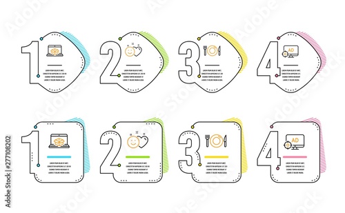 Food, Smile and Online delivery icons simple set. Seo adblock sign. Restaurant, Social media like, Parcel tracking website. Search engine. Business set. Infographic timeline. Line food icon. Vector