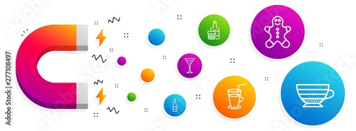 Magnet attracting. Whiskey glass, Martini glass and Champagne bottle icons simple set. Gingerbread man, Cocktail and Cappuccino signs. Scotch drink, Wine. Food and drink set. Vector