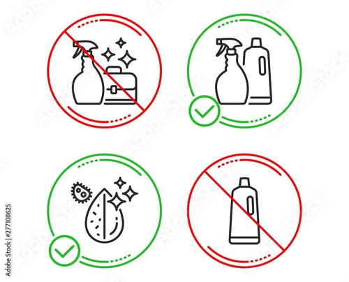Do or Stop. Cleanser spray  Shampoo and spray and Dirty water icons simple set. Shampoo sign. Washing liquid  Washing liquids  Aqua drop. Bath cleanser. Cleaning set. Line cleanser spray do icon