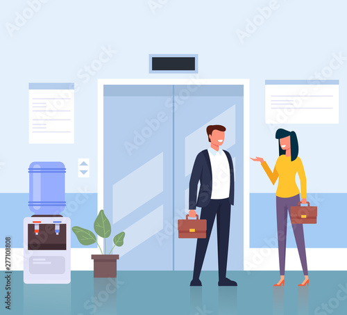 Business people man and woman character waiting elevator in business center hall company. Business life concept. Vector flat cartoon graphic design illustration