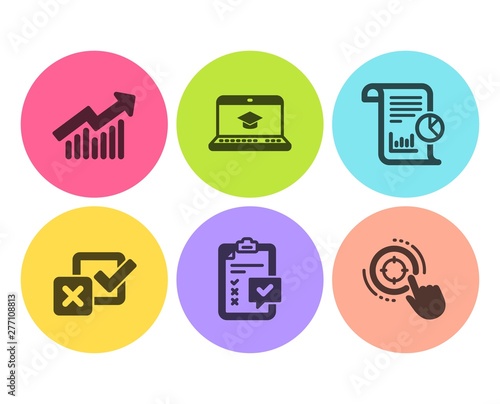 Checklist, Demand curve and Website education icons simple set. Checkbox, Report and Seo target signs. Survey, Statistical report. Technology set. Flat checklist icon. Circle button. Vector