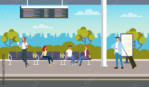 People tourist passenger waiting bus at bus station. Transportation concept. Vector flat cartoon graphic design illustration