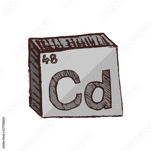 Vector three-dimensional hand drawn chemical silvery-gray symbol of cadmium with an abbreviation Cd from the periodic table of the elements isolated on a white background.