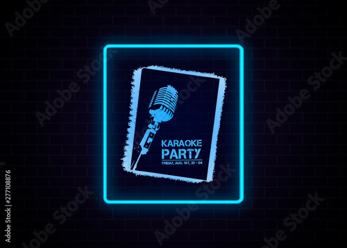 Vector illustration, the inscription white paint, karaoke party. Drawn banner under neon lights. Karaoke bar, night sign.