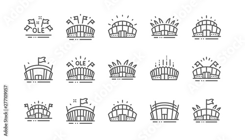 Sports stadium line icons. Ole chant, arena football, championship architecture. Arena stadium, sports competition, event flag icons. Sport complex linear set. Vector