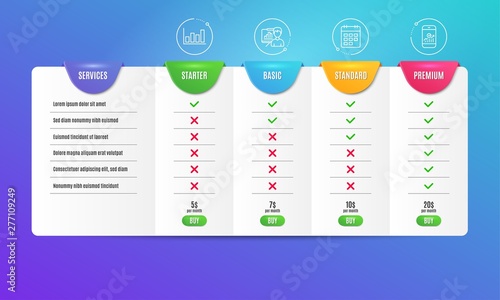 Calendar, Report diagram and Presentation board icons simple set. Comparison table. Smartphone statistics sign. Event reminder, Financial market, Growth chart. Mobile business. Education set. Vector