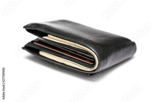 Black leather wallet isolated on white background. New Black leather wallet with banknotes isolated on white background