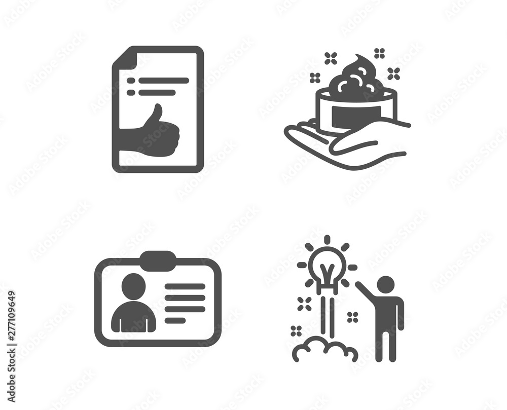 Set of Approved document, Skin care and Id card icons. Creative idea sign. Like symbol, Hand cream, Human document. Startup. Classic design approved document icon. Flat design. Vector Set of Approved document, Skin care and Id card icons. Creative idea sign. Like symbol, Hand cream, Human document. Startup. Classic design approved document icon. Flat design. Vector