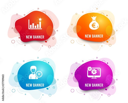 Liquid badges. Set of Efficacy, Money bag and Remove account icons. Settings sign. Business chart, Euro currency, Delete user. Cogwheel tool.  Gradient efficacy icon. Flyer fluid design. Vector