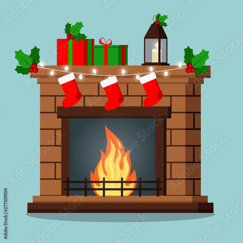 Isolated fireplace decorated christmas gifts, mistletoe, garland, socks.