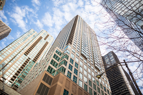 Chicago Illinois city skyscrapers  blue sky background