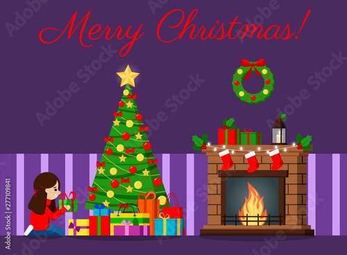 Greeting card with decorated christmas tree and gifts under the tree, fireplace, wreath.