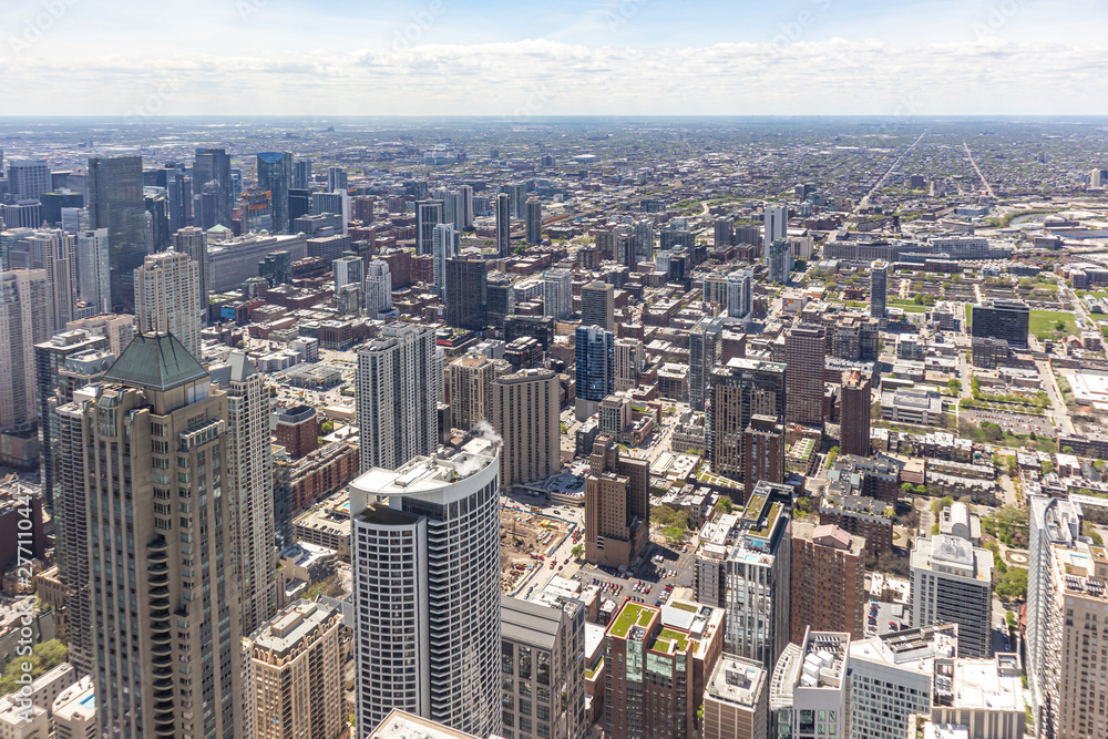 Chicago city skyscrapers aerial view, blue cloudy sky background. Skydeck observation