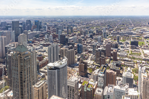 Fototapeta Naklejka Na Ścianę i Meble -  Chicago city skyscrapers aerial view, blue cloudy sky background. Skydeck observation